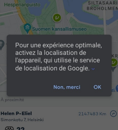 Fenêtre Maps qui demande l'autorisation d'activer la géolocalisation d'un téléphone portable.