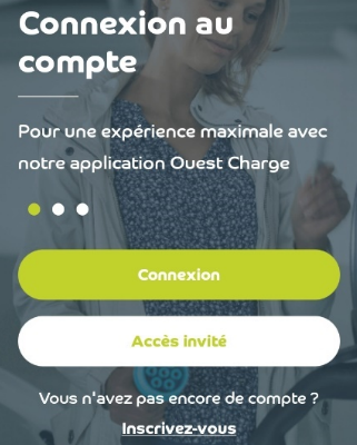 Portail de connexion à un compte sur l'application Ouest Charge qui propose une connexion avec un compte et un mode d'accès invité.